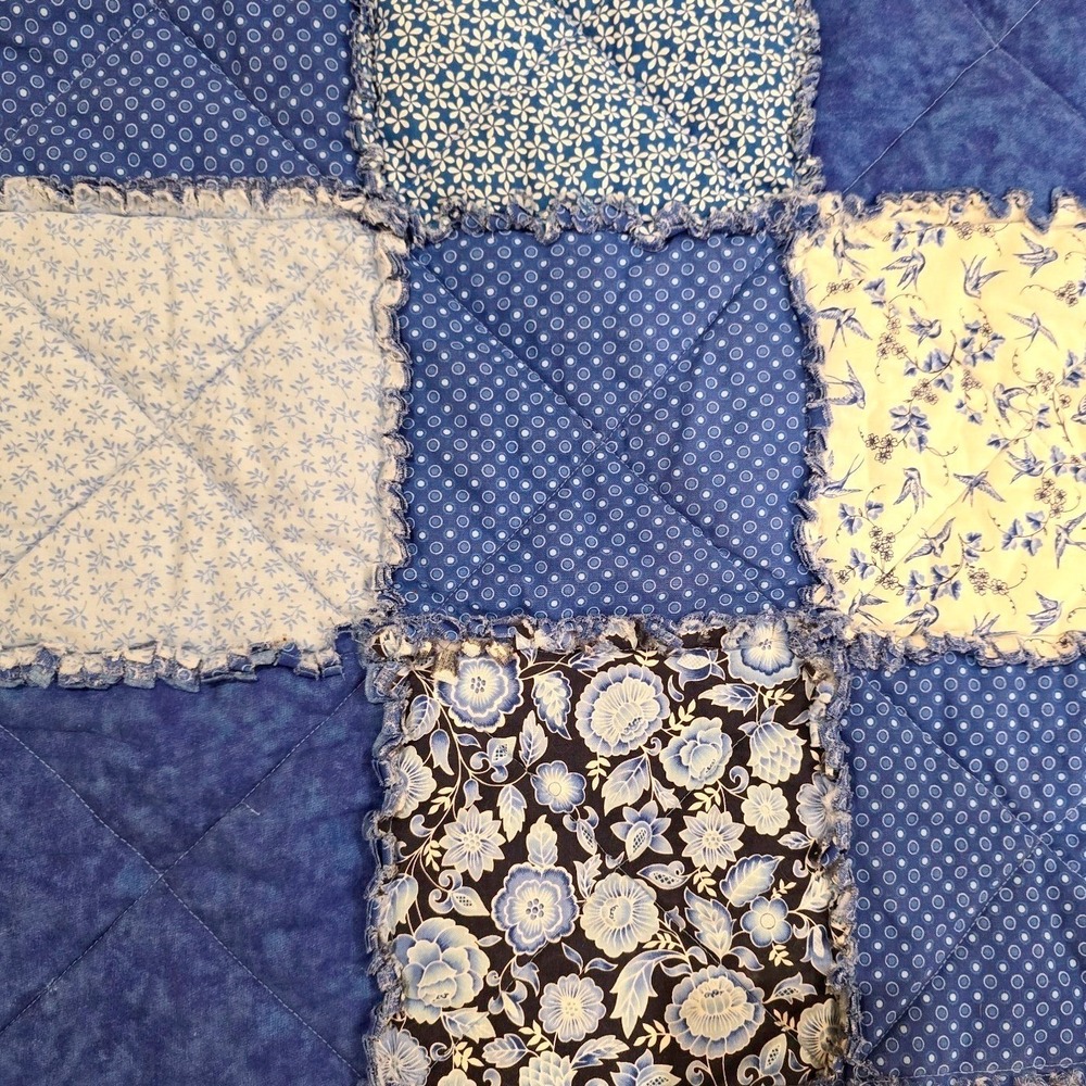 Handmade Blue Rag Quilt Throw Blanket Floral Patchwork Cottage Farmhouse 60x47 - Picture 2 of 9